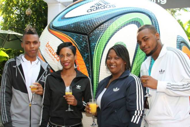 Ching Ching ... The Adidas Jamaica celebrate the unveiling of the Adidas Brazuca World Cup Football with Mimosa's. 